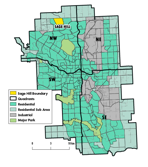 An overview map of Calgary, Alberta, Canada, with the northwest community of Sage Hill highlighted.