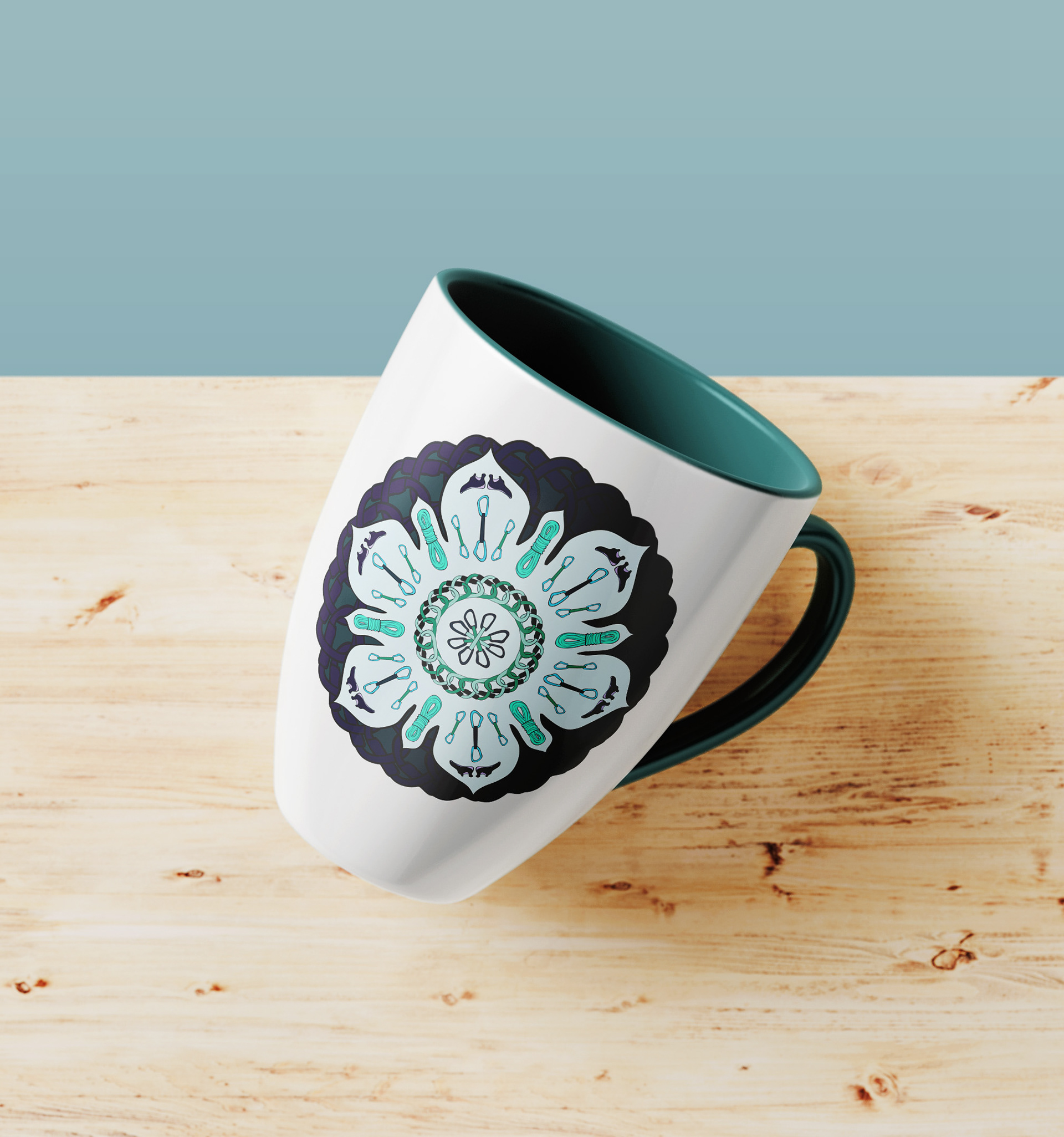 Fun climbing print on a mug.