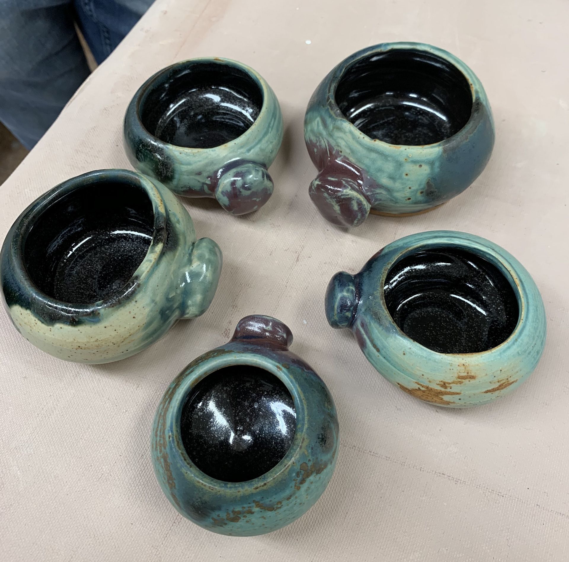 After firing & cooling, the Smurf Set of bowls came out beautifully.
