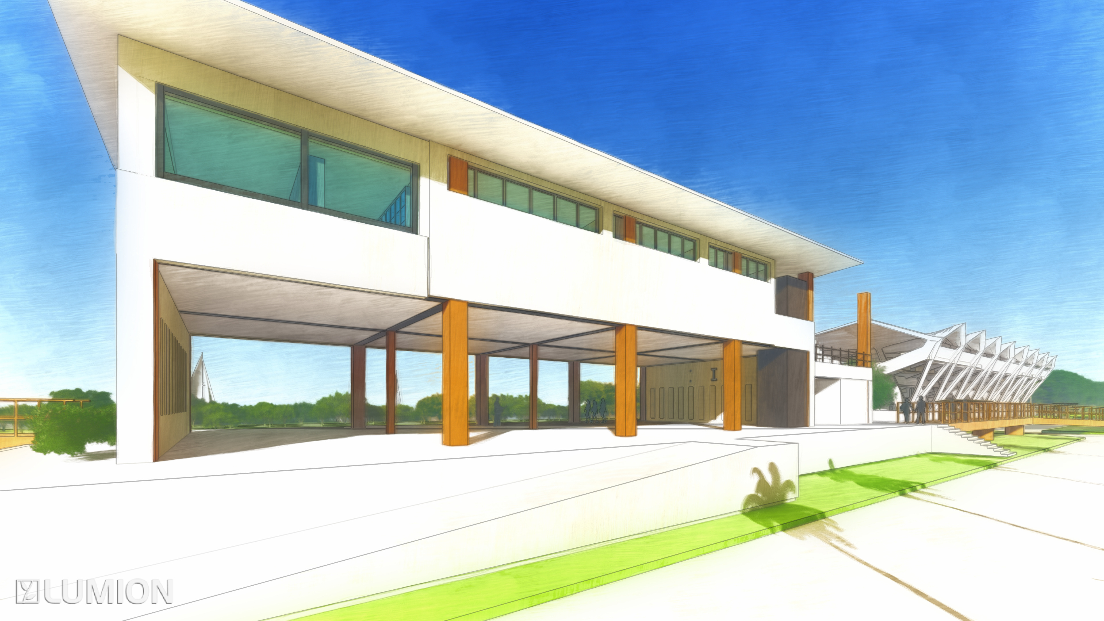 South view of the community center from the parking lot.