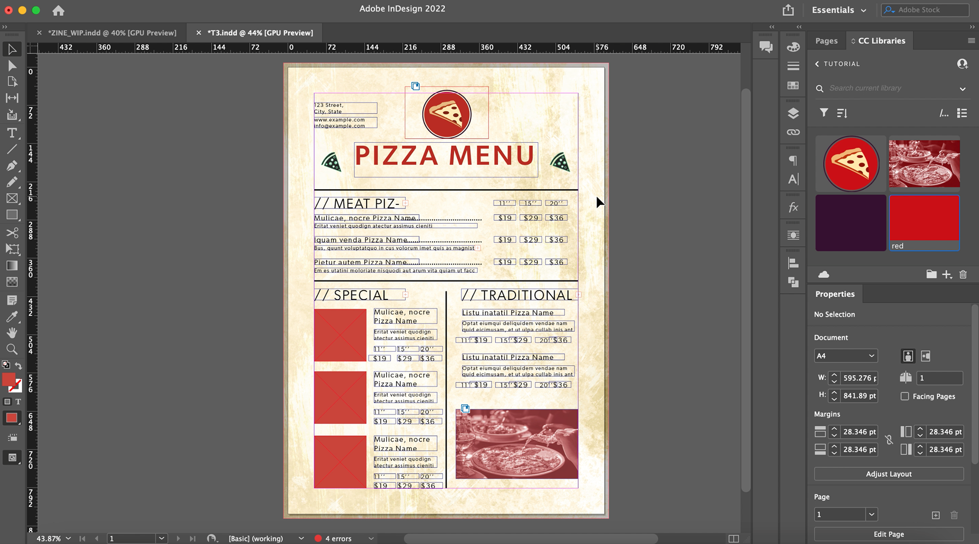 Pizza Menu Template from Adobe Stock + Added elements, InDesign