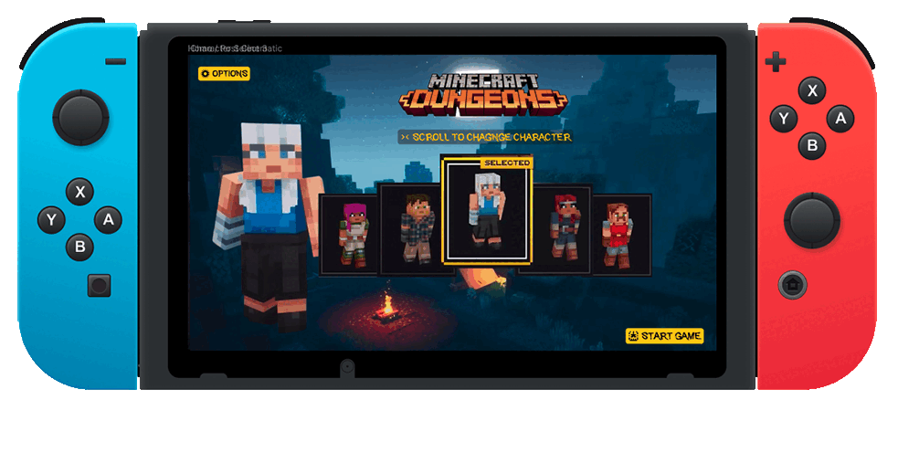 GIF Image of Mincraft Dungeons mockup on a Nintendo Switch and an Android device