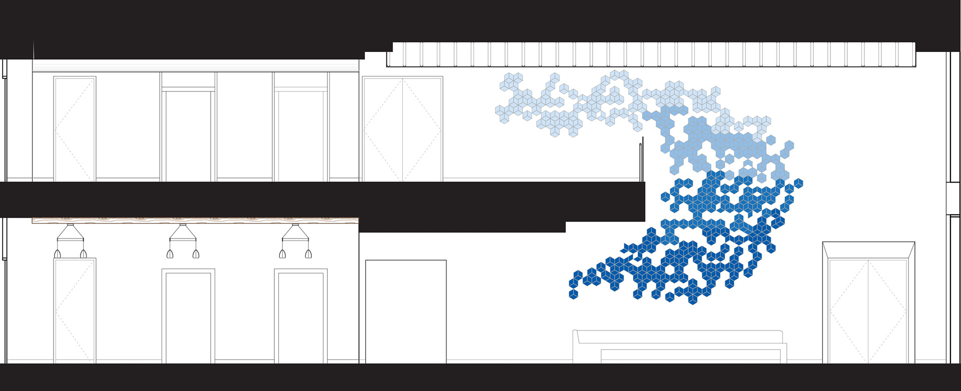 East Section - custom designed wall installation: 584 Swoon tiles spray-painted in shades of blue