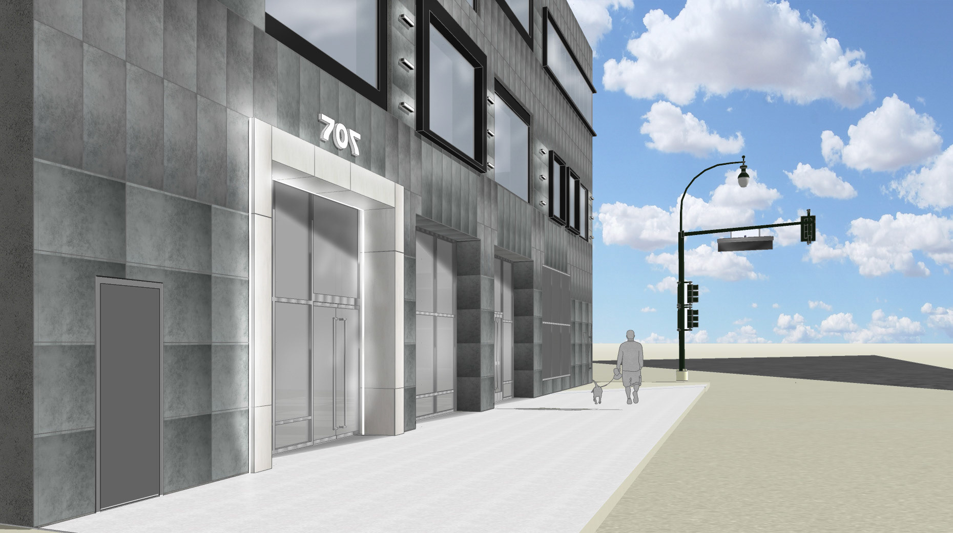 Sketchup render showing proposed articulation of existing building main entry