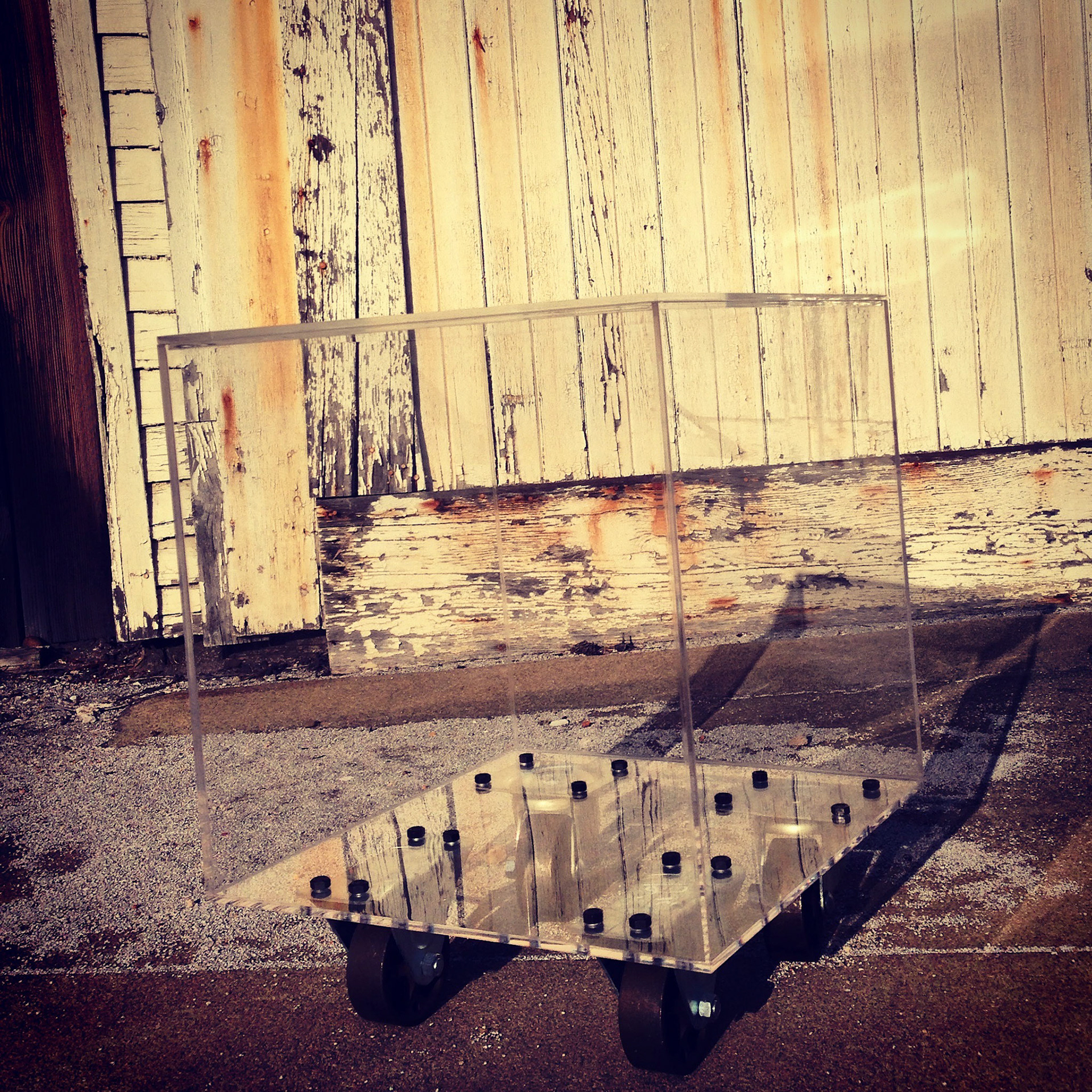 ¼” clear acrylic box on vintage metal casters