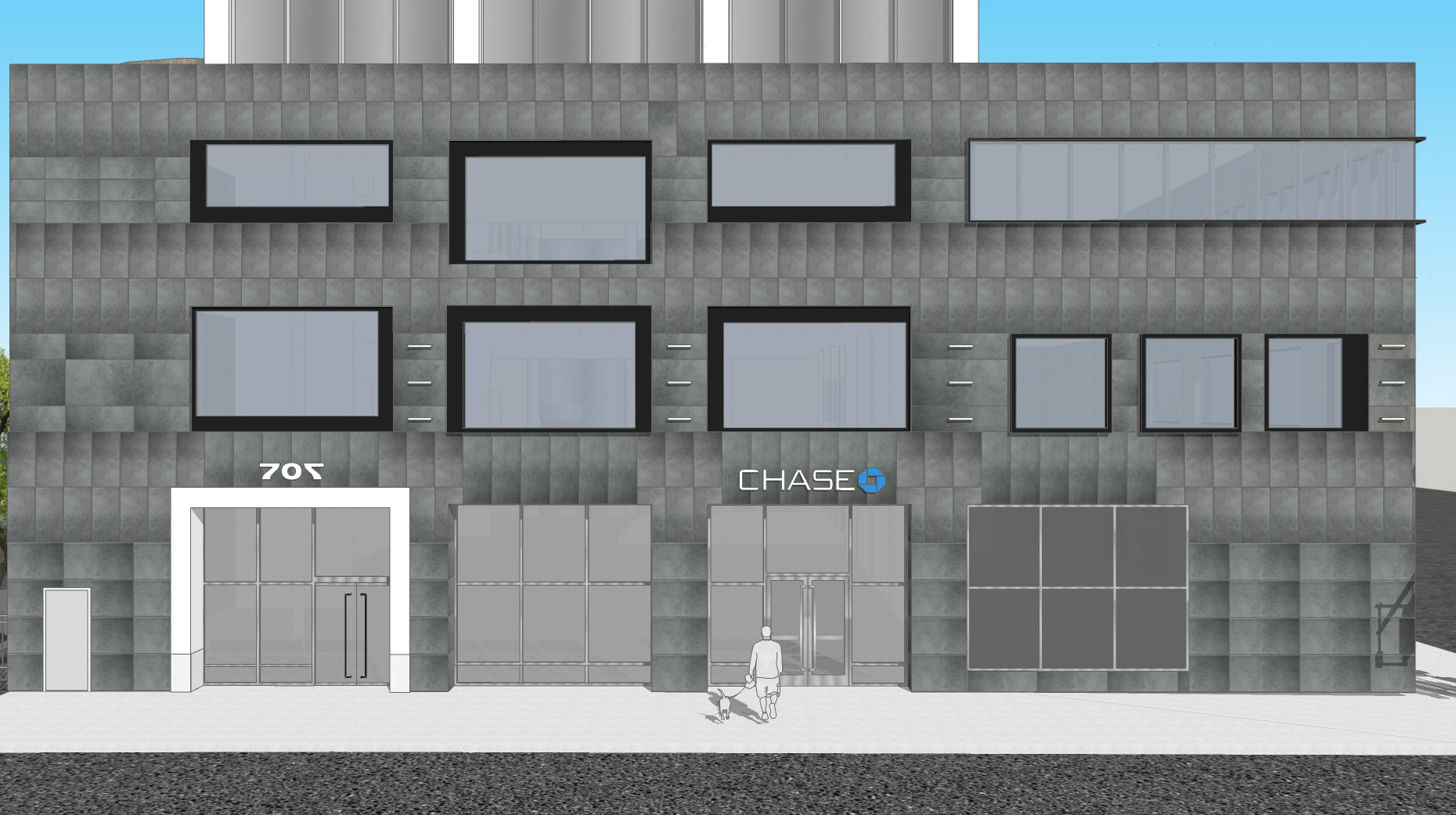 Sketchup render for alternate exterior cladding pattern; install proposed over existing granite