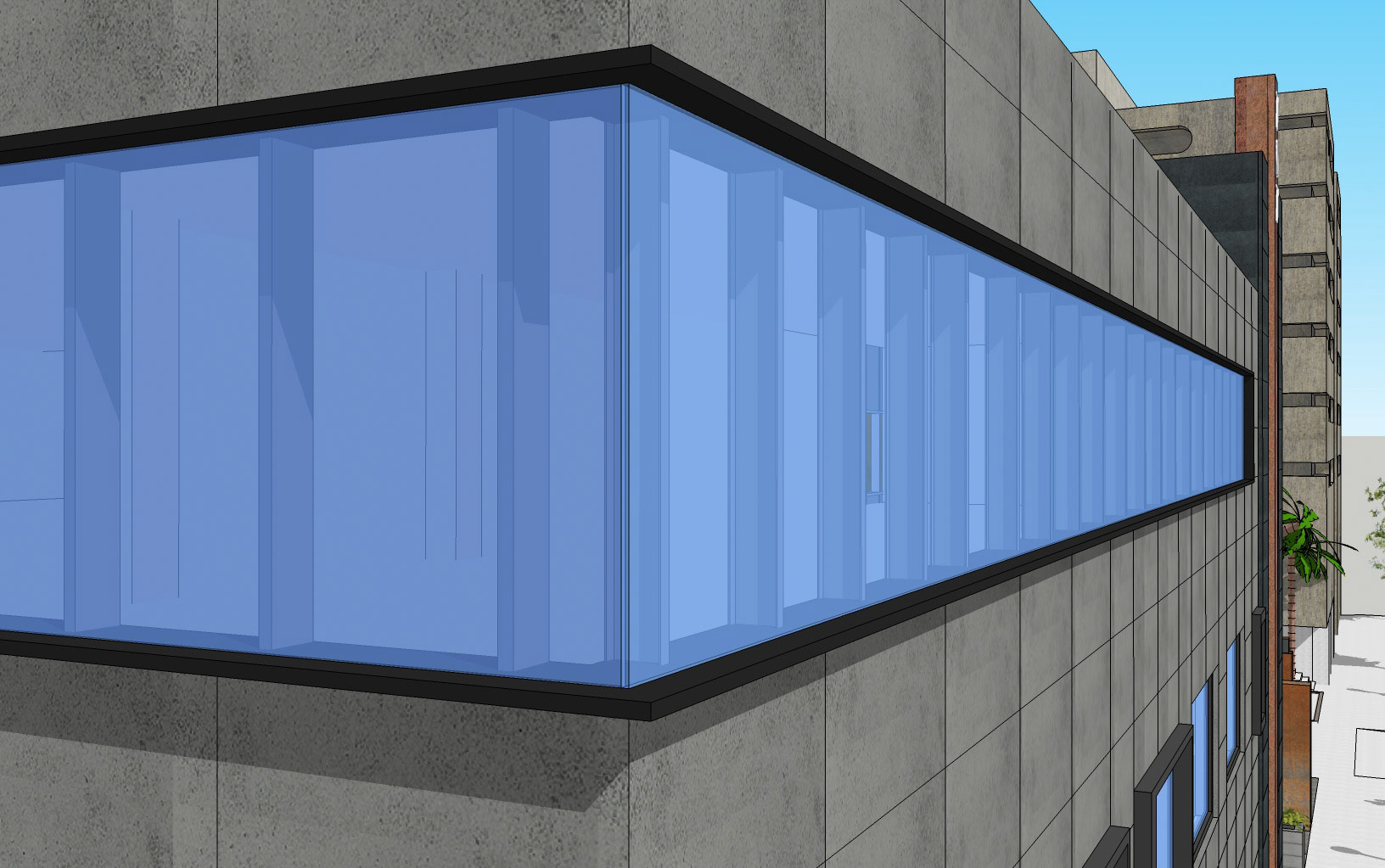 Sketchup render for proposed window system at 3rd story; "X-bracing" behind glazing and opening are existing and only visible from interior
