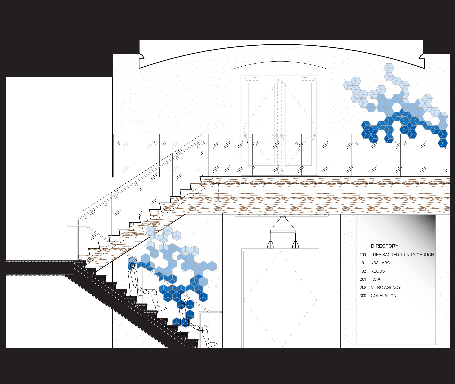 North Section - custom designed wall installations: total of 146 Swoon tiles spray-painted in shades of blue