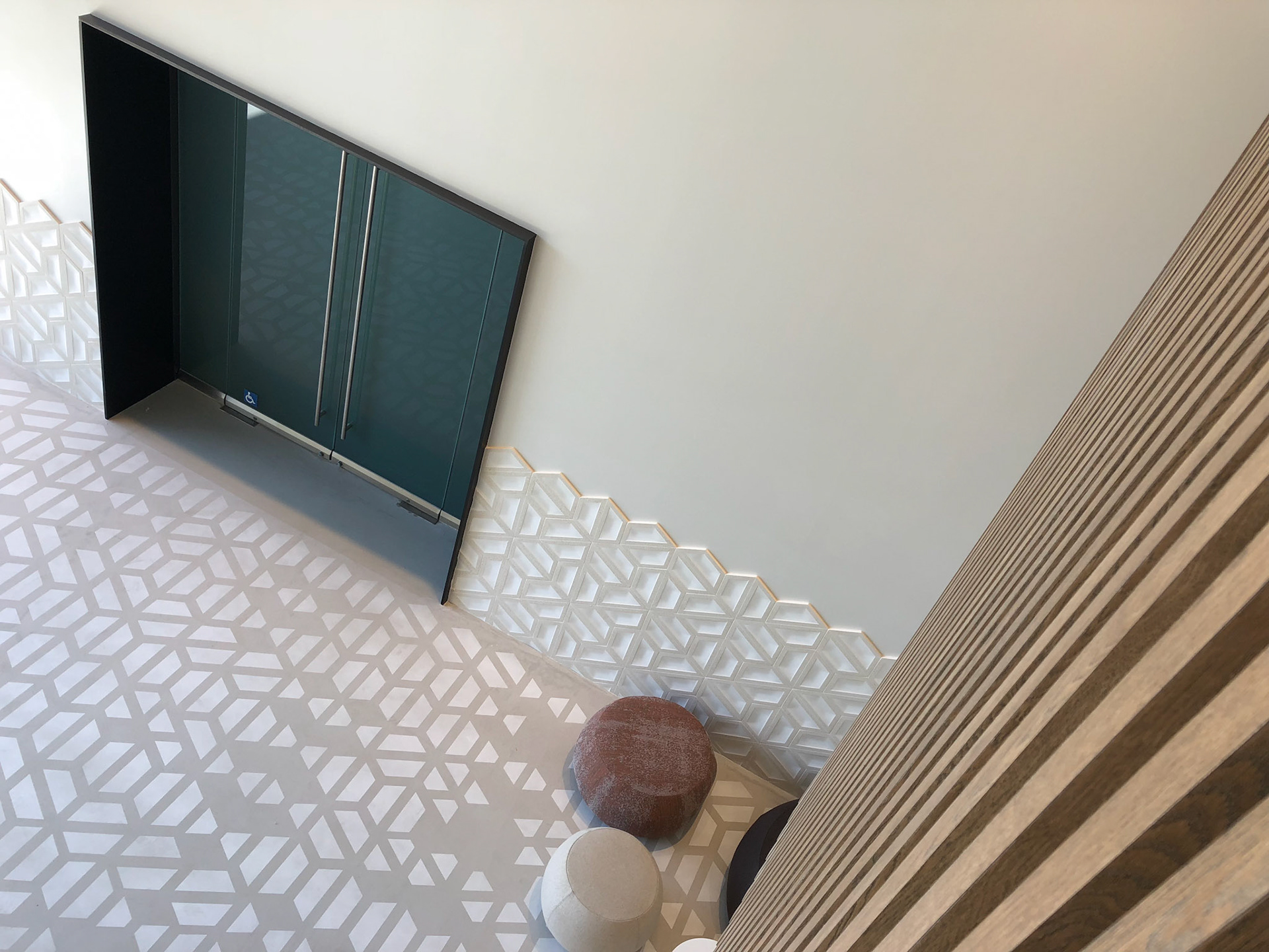 Concrete stencil designed to represent the negative of the three-dimensional Ann Sacks tile wainscoting