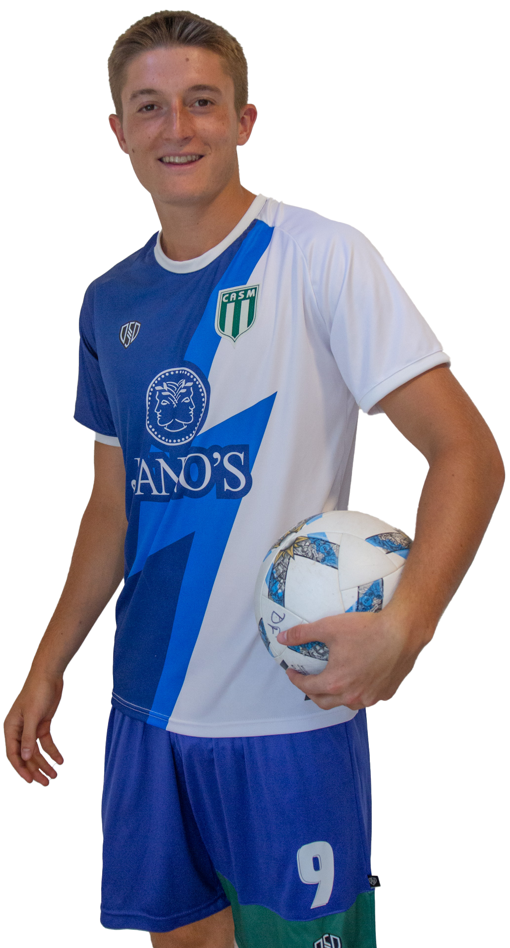 Santiago Postel posa con la camiseta alternativa de San Miguel 2024