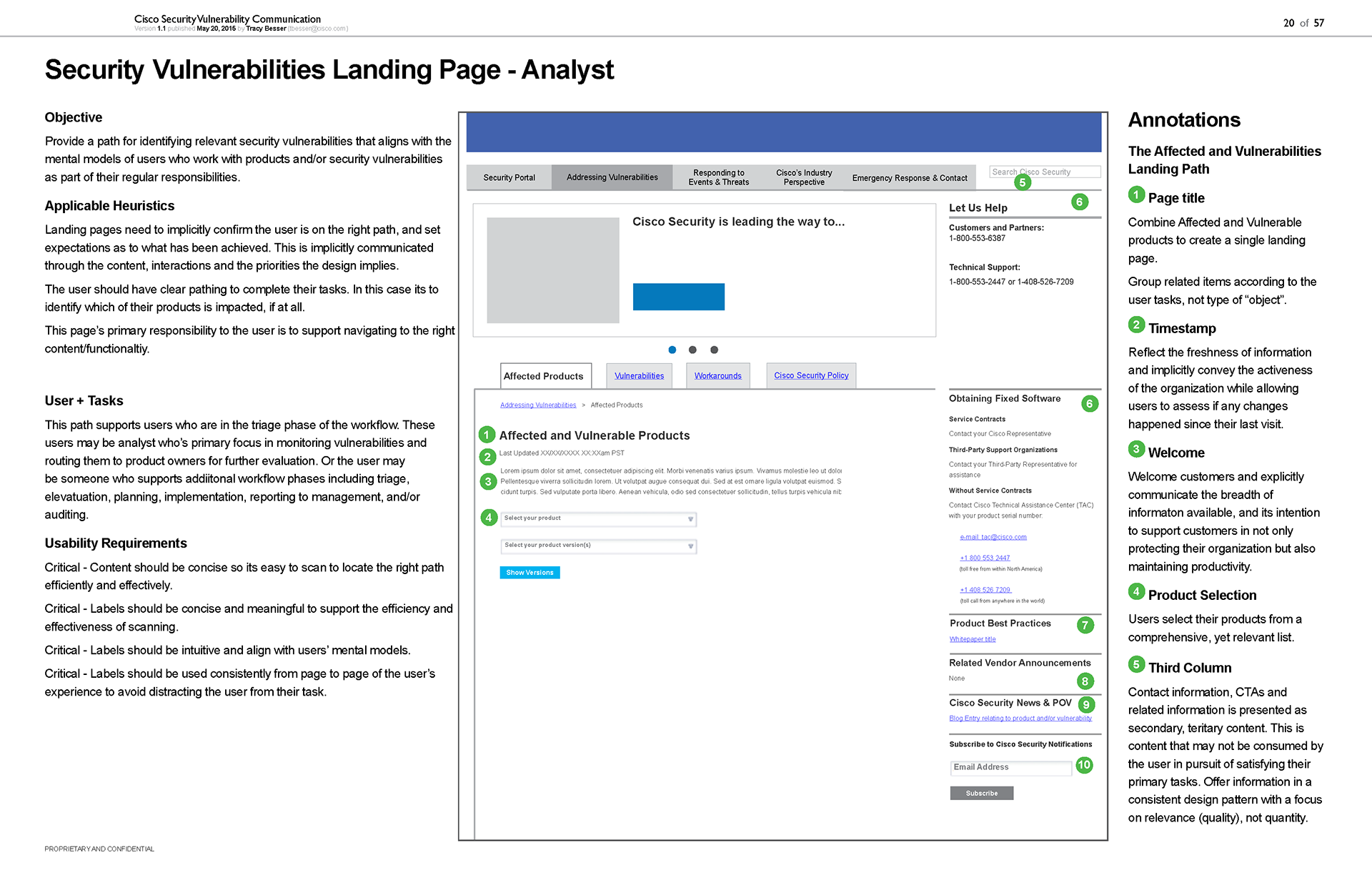 Annotated wireframe landing page product