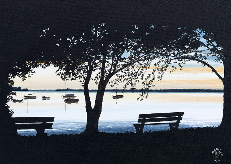 Réf. H-23.022 - Les bancs de Port-Miquel au levé de soleil. Huile sur toile 46x33 cm - Col. particulière