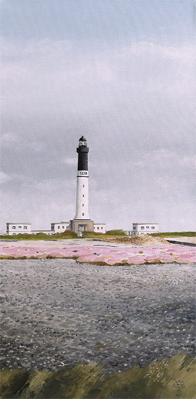 Réf. H-22.016 - Tapis rose sous le phare de l'île de Sein. Huile sur toile 30x60 cm - 850 €