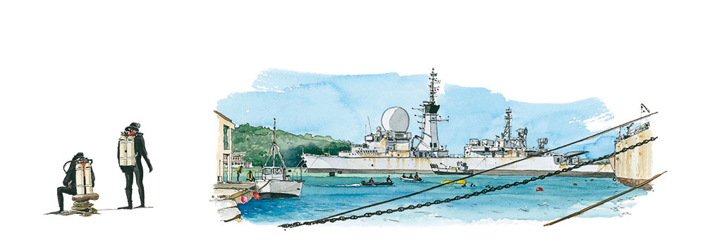 Réf. A-13.038 - CIN St-Mandrier. Ecole de plongée. Aquarelle 50x20 cm