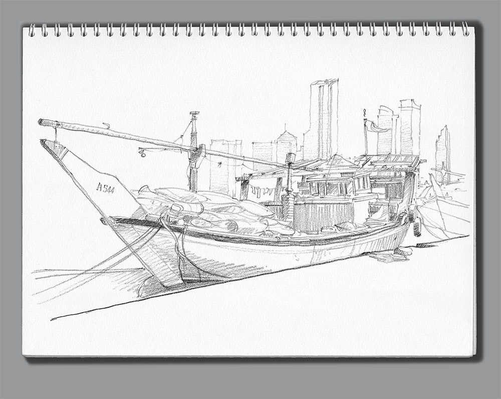Carnets de croquis Abu Dhabi - 5 - Bateau de pêche. Vieux port d'Abu Dhabi