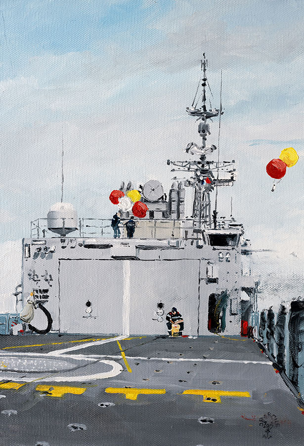 Réf. H-13.065 - Laché de ballon sur le "La Motte-Picquet" pour exercice de tir. Huile sur toile 24x35 cm