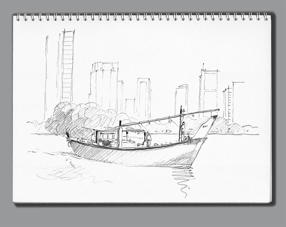 Carnets de croquis Abu Dhabi - 4 - Bateau de pêche. Vieux port d'Abu Dhabi