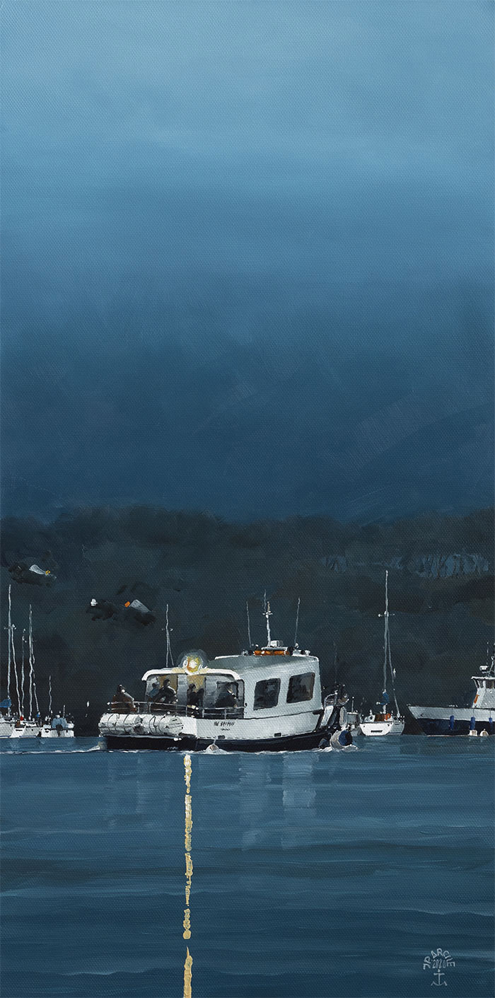 Réf. H-20.005 - L"Île aux Moines" dans les bleus du crépuscule. Île aux Moines. Huile sur toile 46x27 cm - Col. Particulière