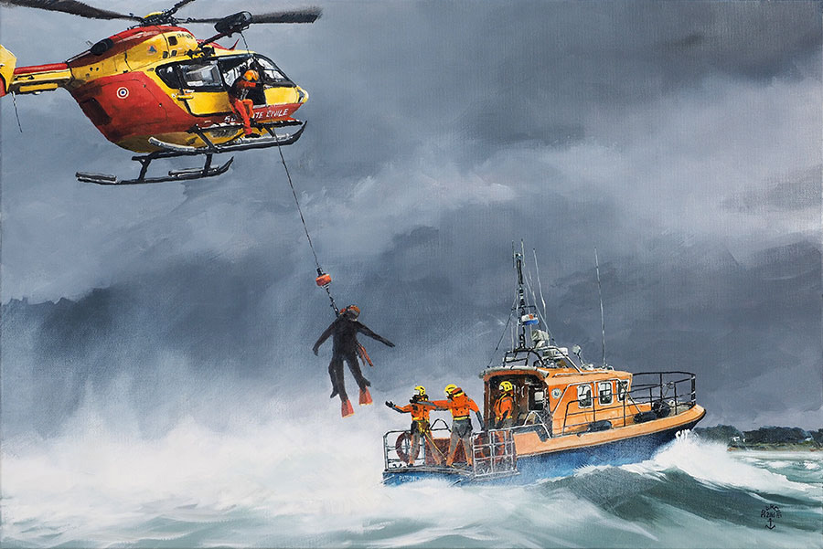 Pour le livre des 50 ans de la SNSM - Réf. H-16.055 - Hélitreuillage de pompiers plongeurs sur le canot SNSM du Golfe du Morbihan. Huile sur toile 81x54 cm - Col. Particulière