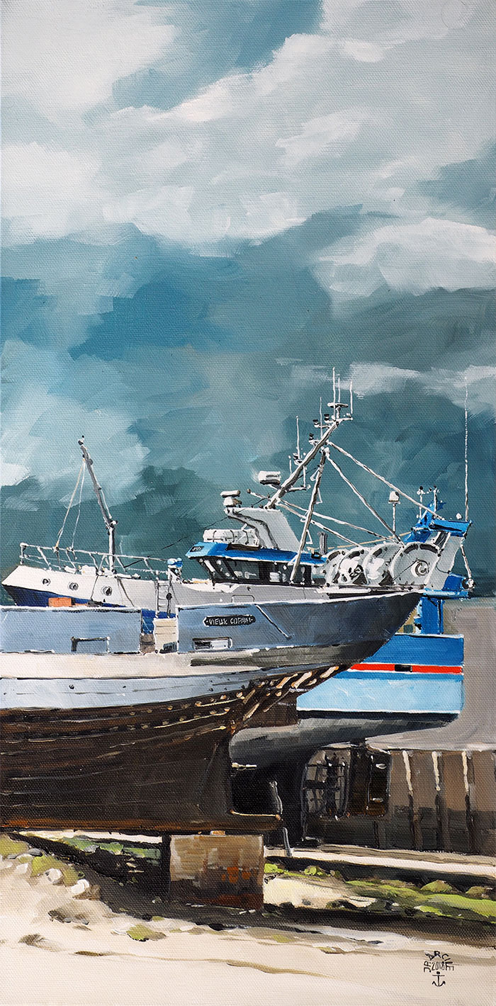 Réf. H-18.011 - Le "Vieux Copain" au Chantier Bernard. St-Vaast-la-Hougue. Huile sur toile 30x60 cm - 1300 €