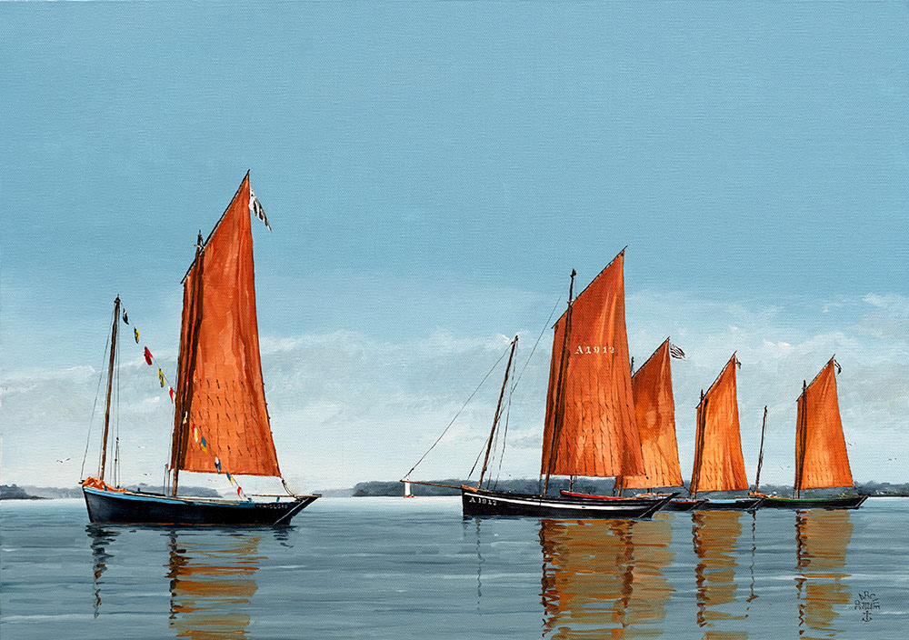 Réf. H-24.003 - Les sinago et le Forban du Bono au mouillage dans le Golfe du Morbihan. Huile sur toile 65x46 cm. Col. particulière