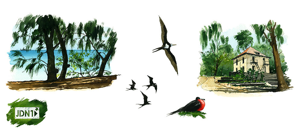 Réf. A-16.003 - Planche La Grandière en TRDI - Juan de Nova. Aquarelle 50x23 cm