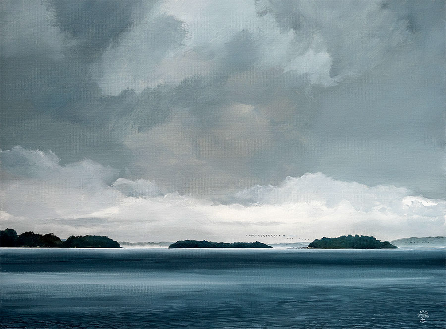 Réf. H-24.007 - Vol de bernaches dans la Golfe du Morbihan. Huile sur toile 73x54 cm. 1700 €