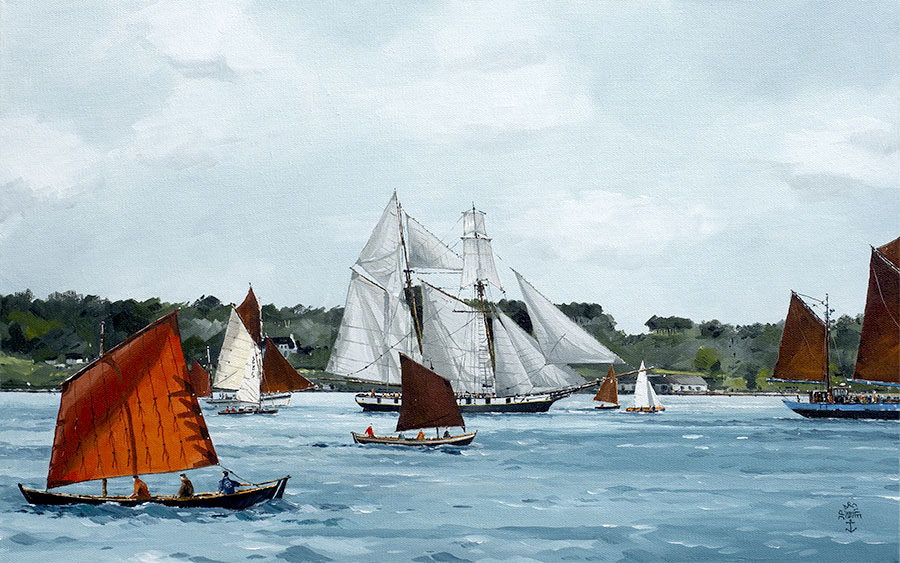Réf. H-19.017 - Cortège autour de la "Recouvrance" pendant une Semaine du Golfe. Golfe du Morbihan. Huile sur toile 61x38 cm - Col. particulière