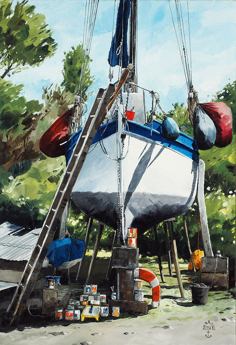 Réf. H-16.017 - Tout dehors à secher - Chantier du Guip, Ile aux moines. Huile sur toile 33x46 cm - Col. particulière