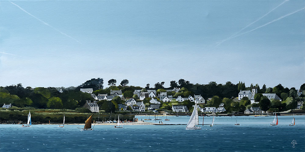 Réf. H-23.024 - La pointe de Brouel et Port-Miquel. Ile aux Moines. Huile sur toile 80x40 cm - Col. particulière