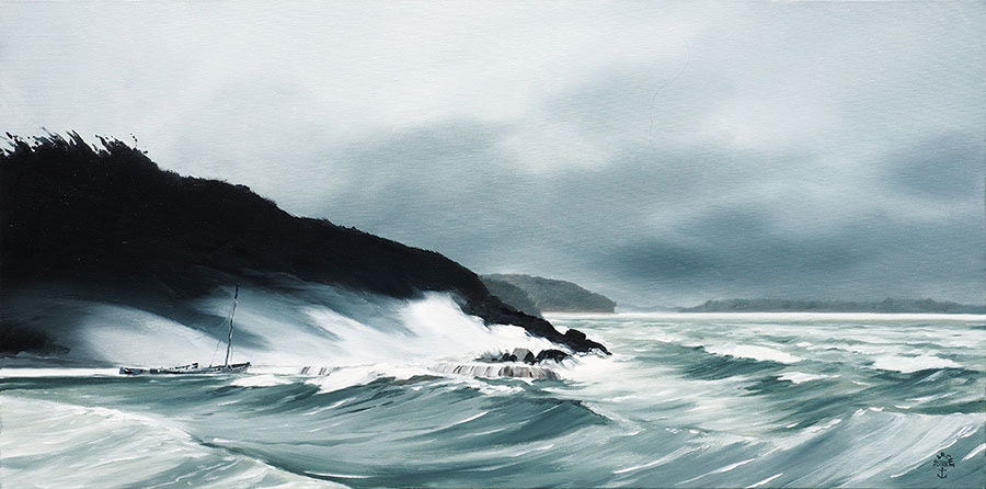 Réf. H-16.044 - Le port-abri du Goret sous le coup de vent du 13 février 2016, Ile aux Moines. Huile sur toile 80x40 cm - Col. particulière