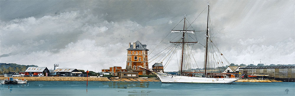 Réf. H-24.014 - La "Belle Poule" sortant du slipway à Camaret-sur-Mer. Huile sur toile 40x120 cm. Col. particulière