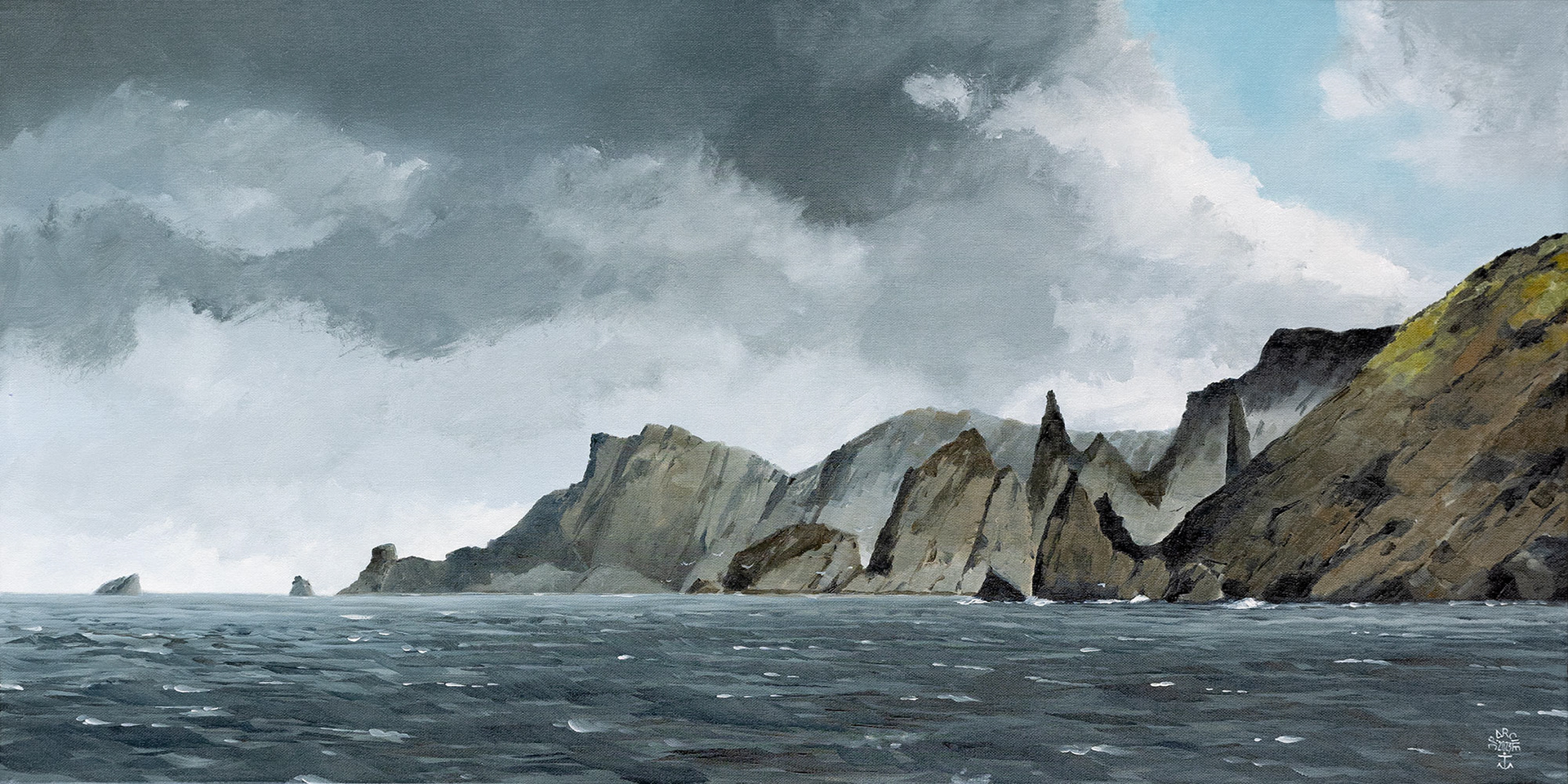 H-23.007 - Le cap des Aiguilles. Archipel des Kerguelen. Huile sur toile 80x40 cm. 1350 €