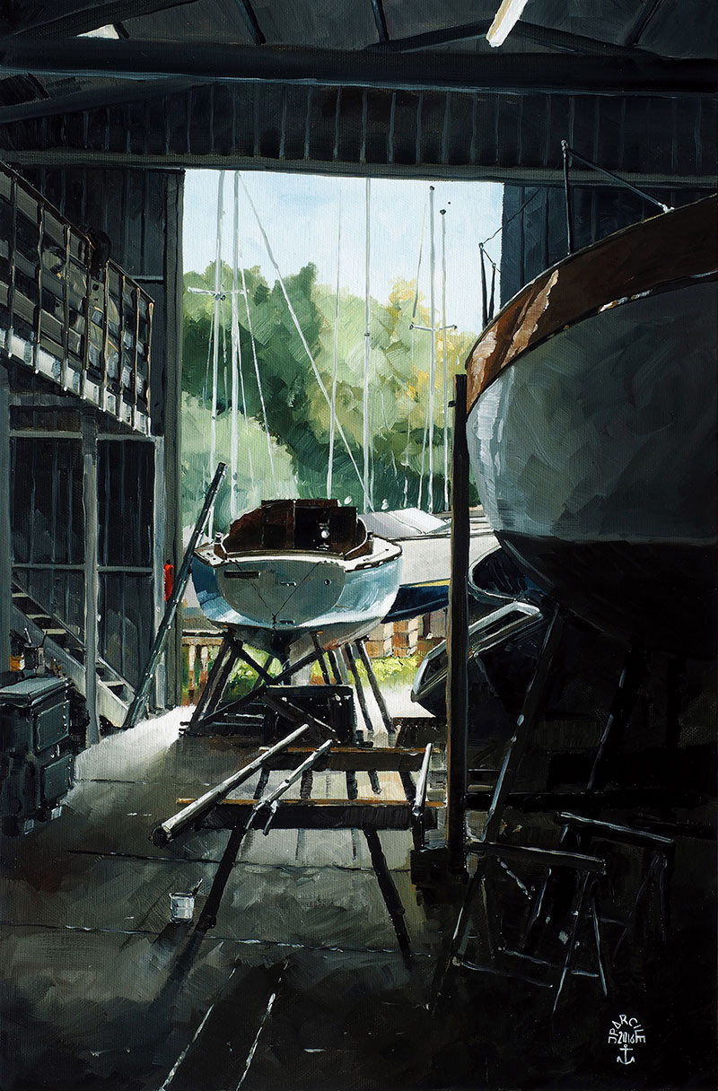 Réf. H-16.015 - Quelques jours avant de retrouver l'eau salée - Chantier du Guip, Ile aux moines. Huile sur toile 38x55 cm - Col. particulière