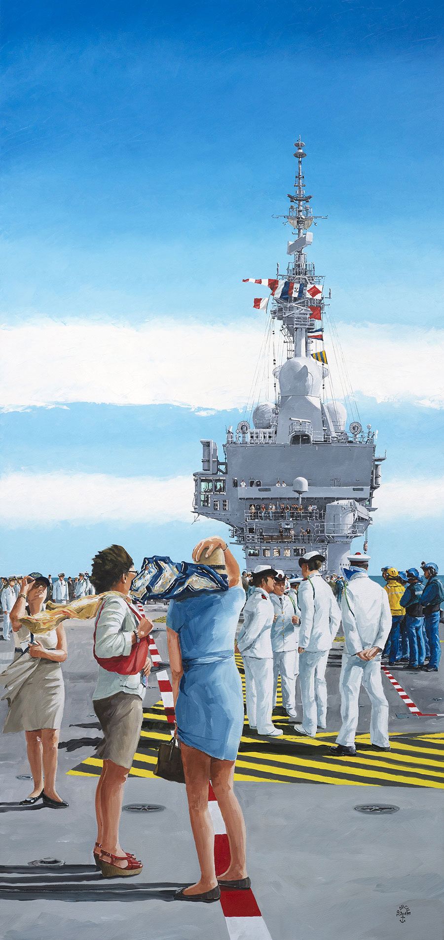 Réf. H-14.042 - Revue navale sur le Charles de Gaulle, mise en place des invités. Huile sur toile 60x120 cm - 2800 €