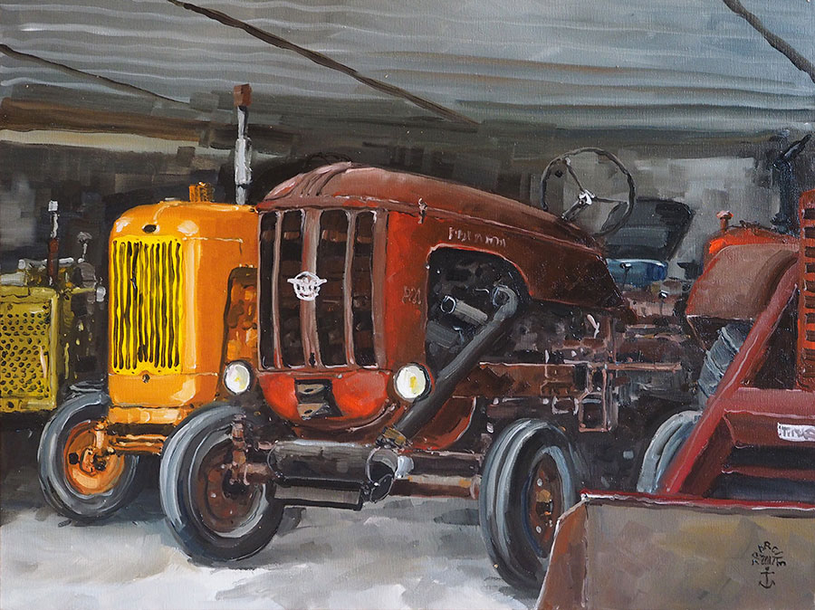 Réf. H-17.023 - Tracteurs sous le hangar. Plieux, Gers. Huile sur toile 81x60 cm - Col. Particulière