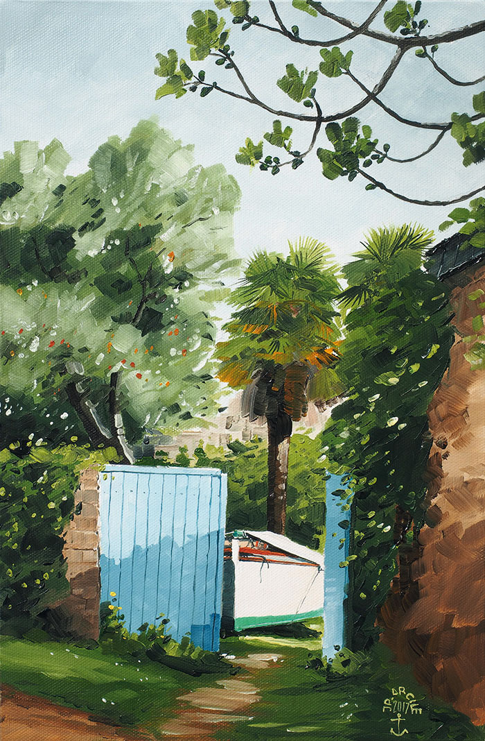 Réf. H-17.057 - Le Guépard derrière son portail d'hivernage - Ile aux Moines. Huile sur toile 27x41 cm - 600 €