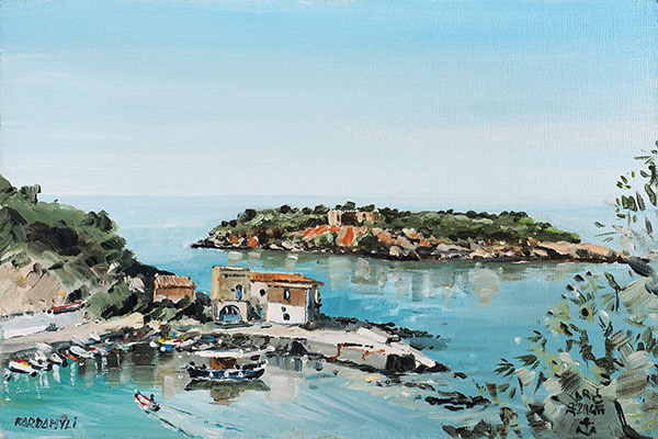 Réf. H-16.053 - Le petit port de Kardamyli. Huile sur médium toilé 24x16 cm - Col. Particulière