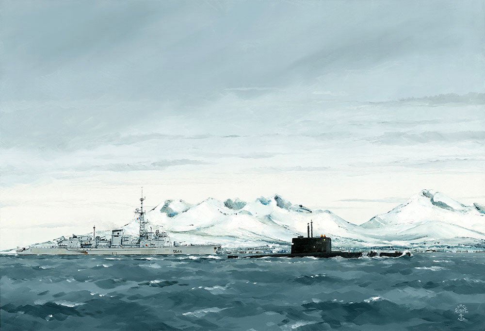 Réf. H-19.009 - Le Primauguet en exercice de lutte anti-sous-marine avec le sous-marin Norvégien Ured. Huile sur toile 73x50 cm - Col. particulière
