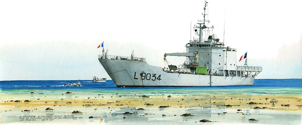 Réf. A-15.010 -  Le La Grandière en mission de ravitaillement aux Îles Éparses. Aquarelle 45x21 cm - Col. Particulière