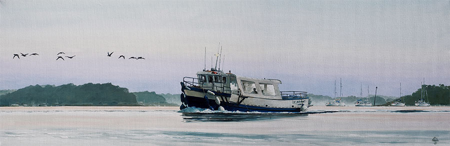 Réf. H-15.021 - Le passeur au petit matin - Ile aux Moines. Huile sur toile 120x40 cm - Col. Particulière