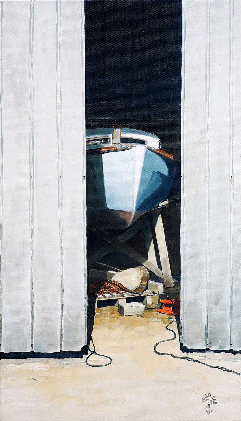 Réf. H-15.024 - Sortie d'hivernage au Chantier du Guip. Ile aux Moines. Huile sur toile 27x46 cm - Col. Particulière