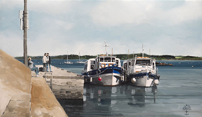 Réf. H-20.013 - L"Île aux Moines" et "Le Compagnon des Îles" à couple au grand pont à l'Île aux Moines en 1985. Huile sur toile 46x27 cm - Col. particulière