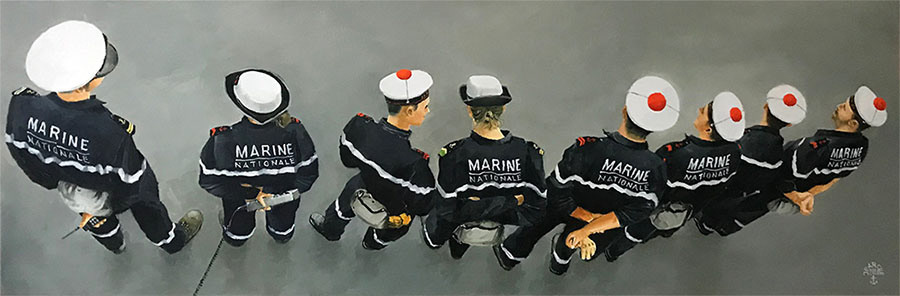 Réf. H-24.013 - Au poste de manœuvre. Huile sur toile 90x33 cm. - Col. particulière