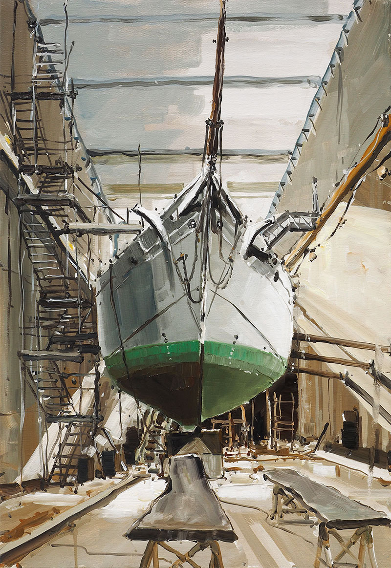 Réf. H-17.002 - La Belle-Poule de face en forme de radoub dans l'ancienne base sous-marine de Brest. Huile sur toile réalisée sur le motif 50x73 cm - 2017 - 1600 €