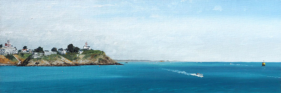 Réf. H-16.009 - Le sémaphore et l'île de la Contesse, St-Quay-Portrieux. Huile sur toile 75x25 cm - Col. Particulière