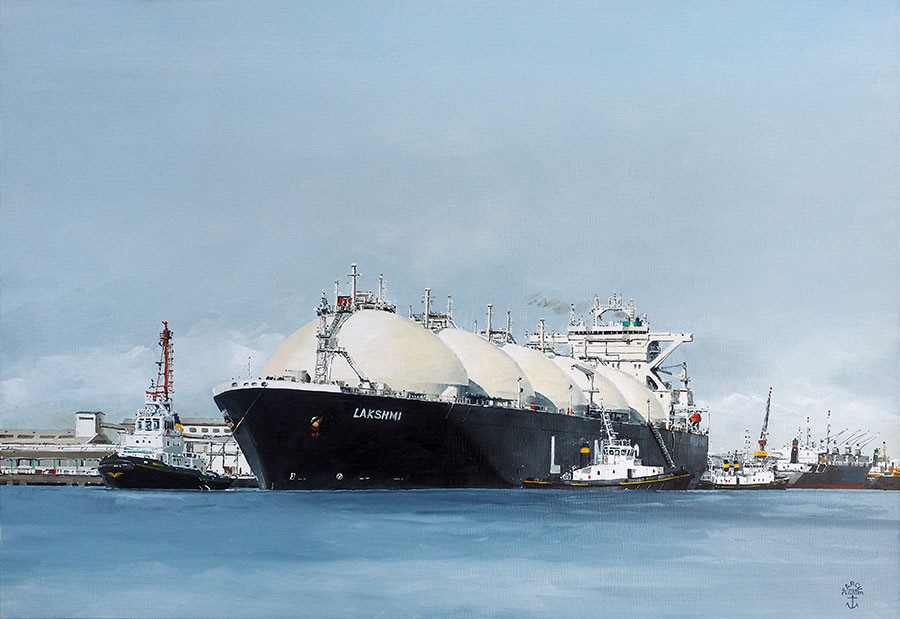 Réf. H-18.006 - Appareillage d'un méthanier - Montoir de Bretagne. Huile sur toile 73x50 cm - 1600 €