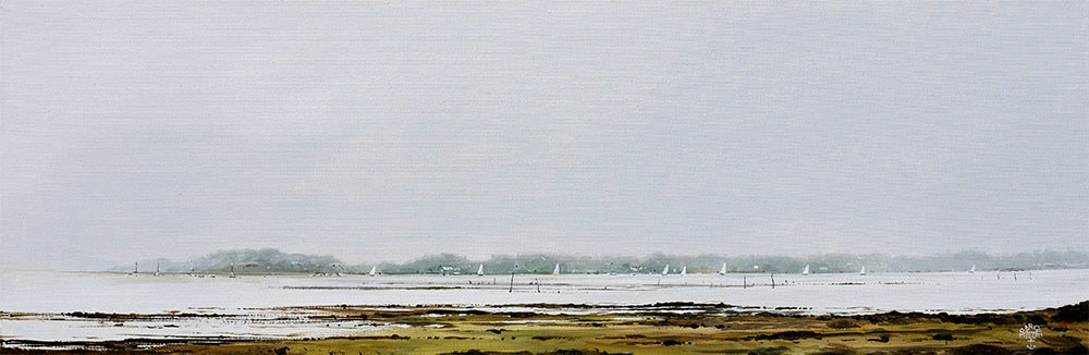Réf. H-25.015 - Petite brume dans le Golfe du Morbihan . Huile sur toile 75x25 cm. 950 €
