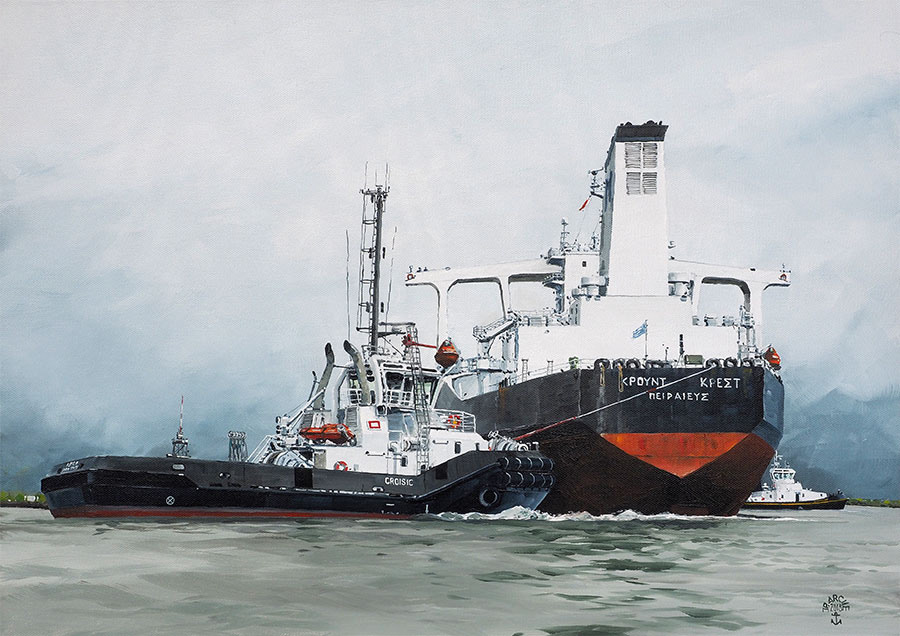 Réf. H-18.002 - Remorqueur "Le Croisic" - Montoir de Bretagne. Huile sur toile 65x46 cm - 1400 €