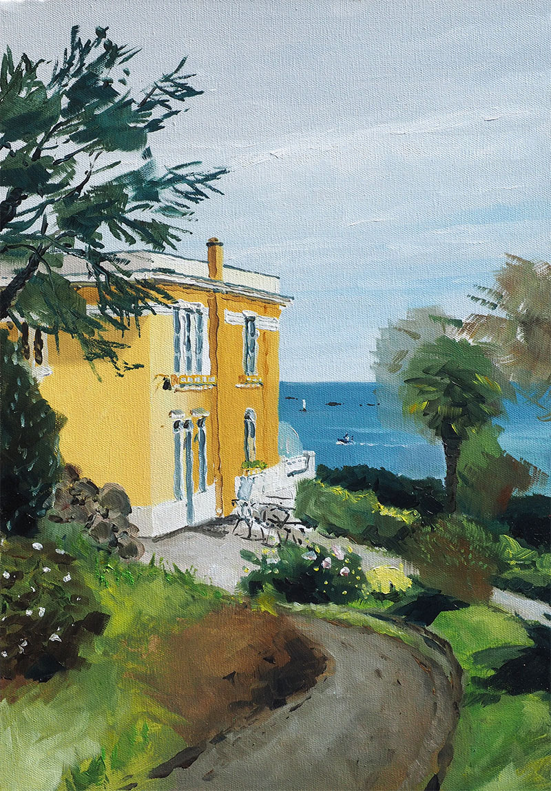 Réf. H-16.006 - Maison Caruhel, Etable/Mer. Huile sur toile 38x55 cm